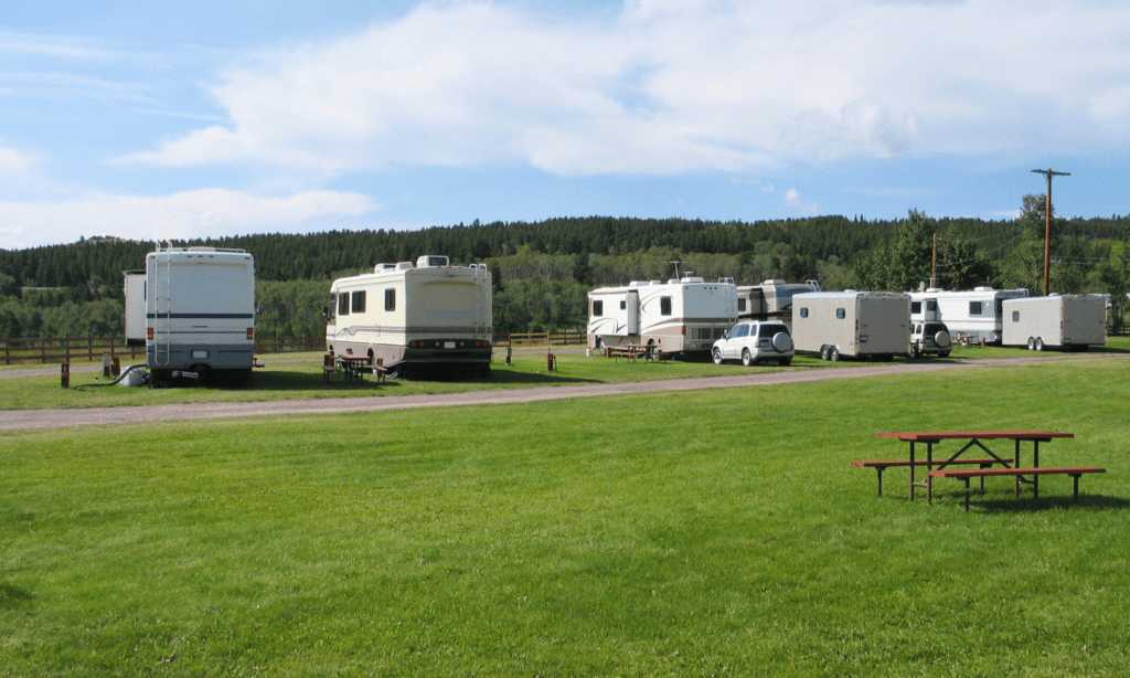 RV's parked in green field with forest in background
